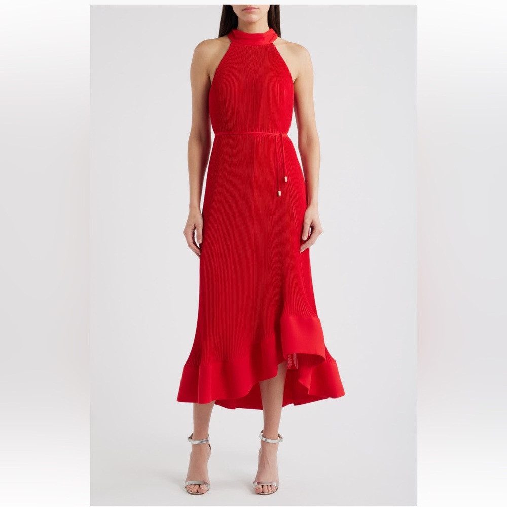 Milly Nalani Plissé Ruffle Hem Maxi Dress Red Size 2 NWT
